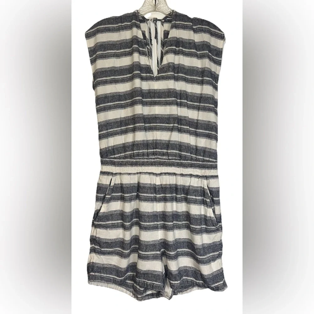 Ann Taylor Loft Romper‎ Jumpsuit Women Sz M Blue White LinenBoho Girlcore Beach